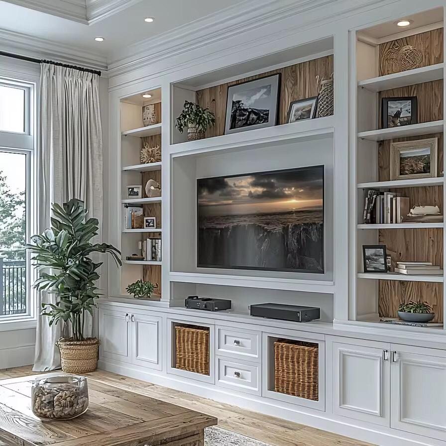 White built-in, wood backs, baskets