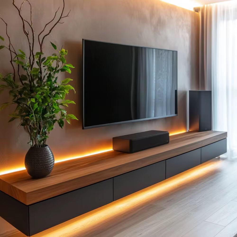 Minimal floating console, warm LED wash