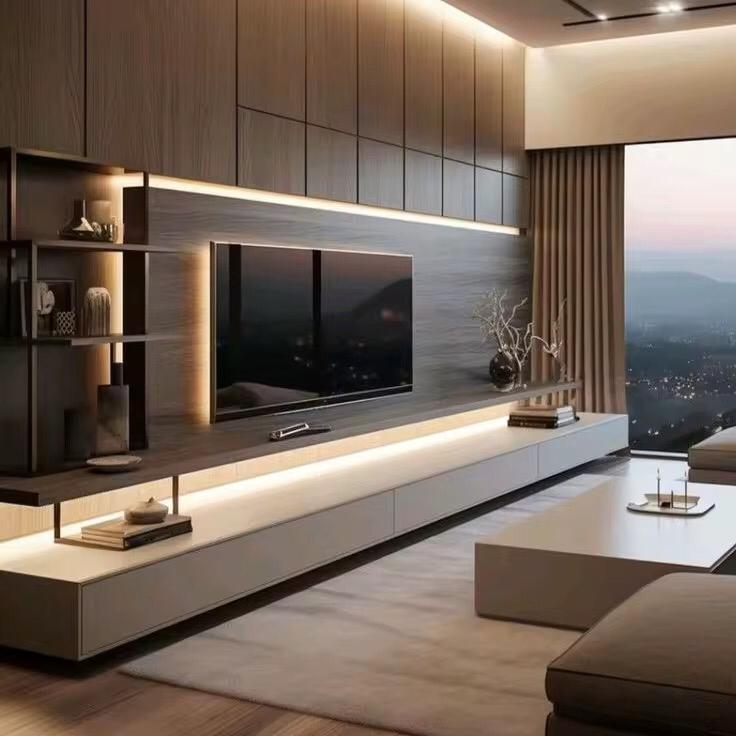 Long linear wall, overhead cabinets, continuous LEDs