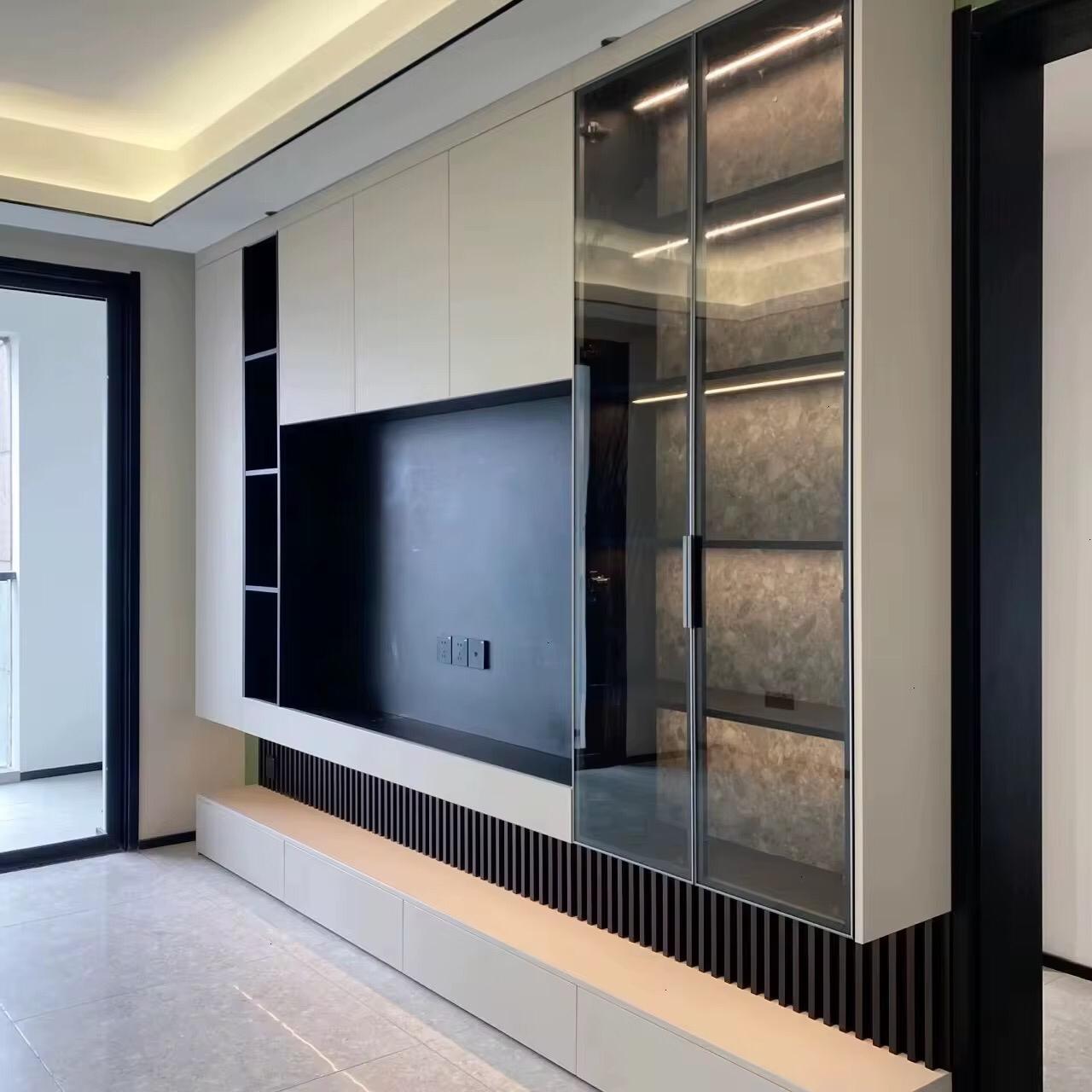 Two-tone modern wall, smoked-glass cabinet + niches
