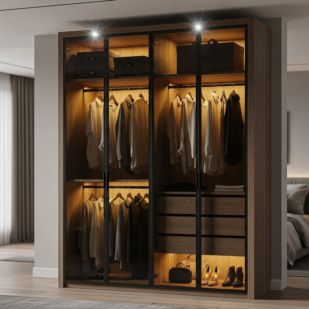 warm oak, black-framed clear glass, hotspot LEDs