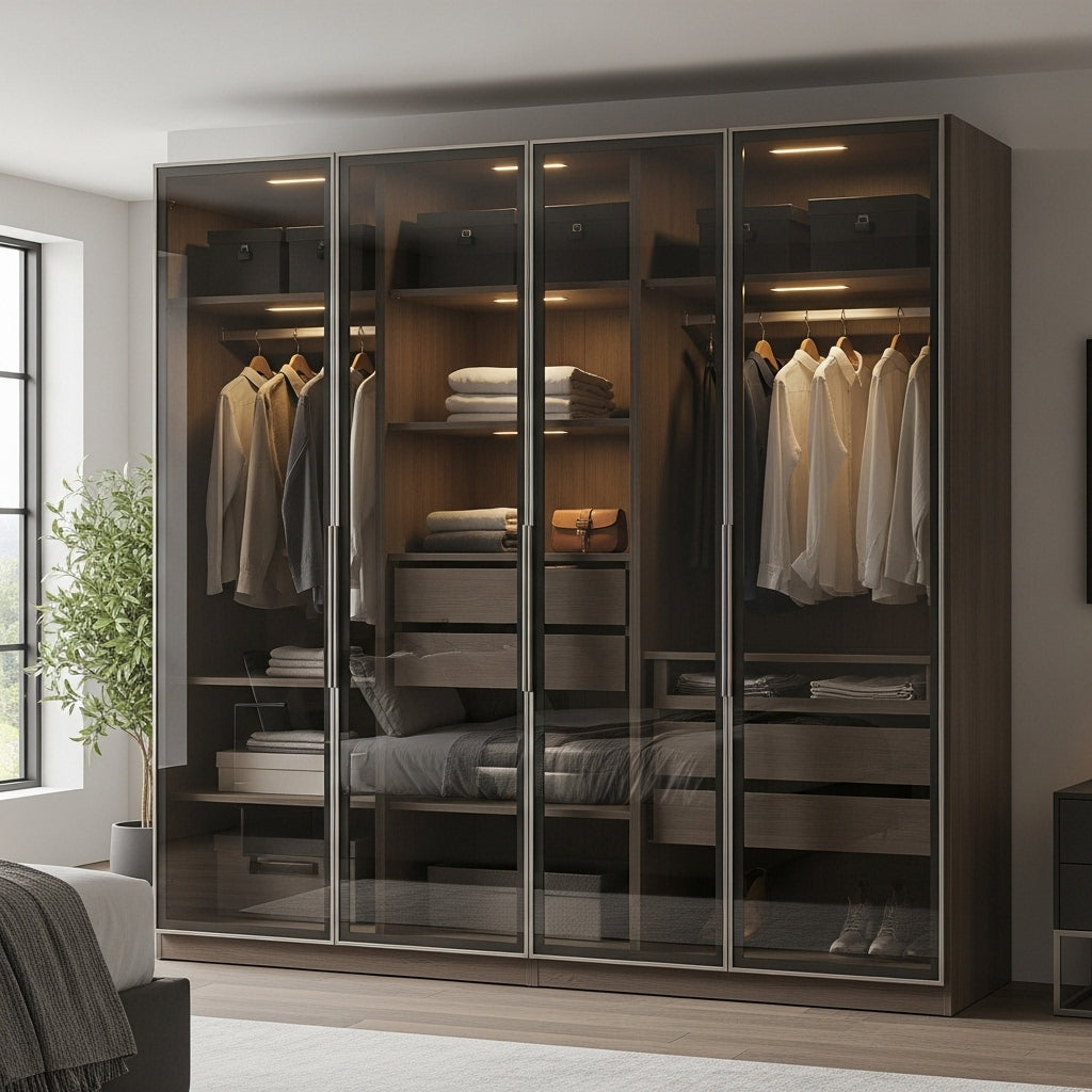 smoked glass, aluminum frame, balanced compartments