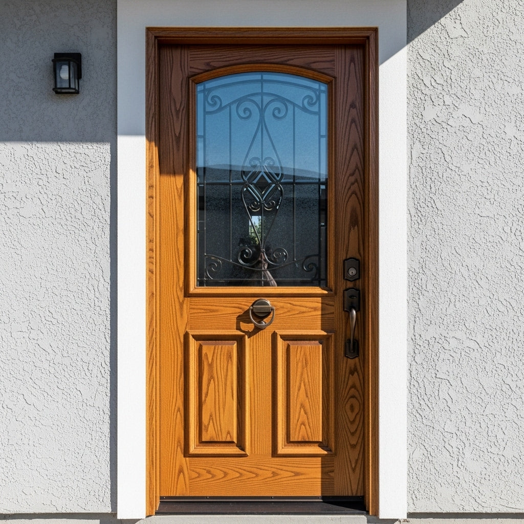 Arched glass + wrought-iron grille (light oak)