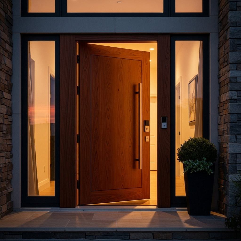 Modern pivot door, tall pull handle (evening glow)