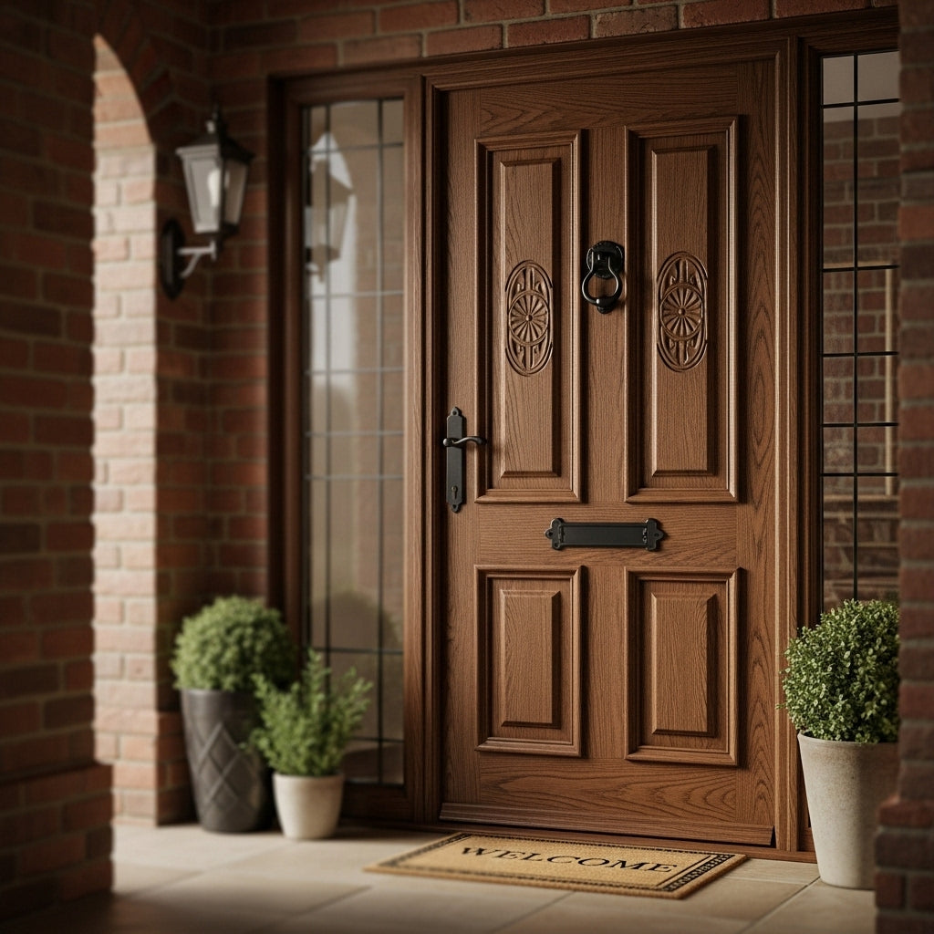 Classic paneled door with carvings (brown timber, black hardware)