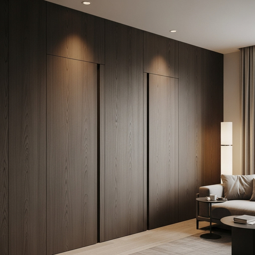 dark timber, twin concealed doors